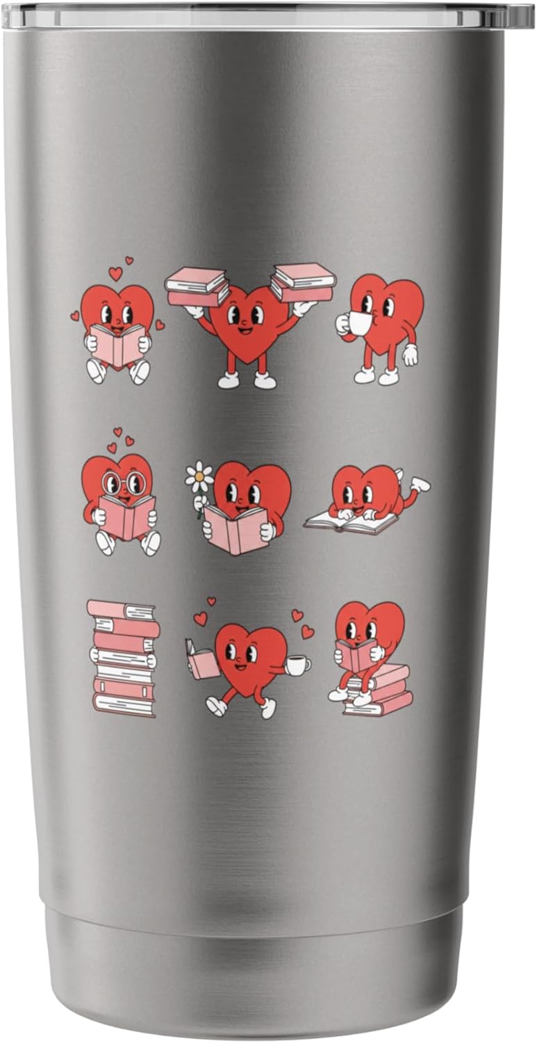 Heart Characters Reading Books Valentine Booklover Stainless Steel Insulated Tumbler