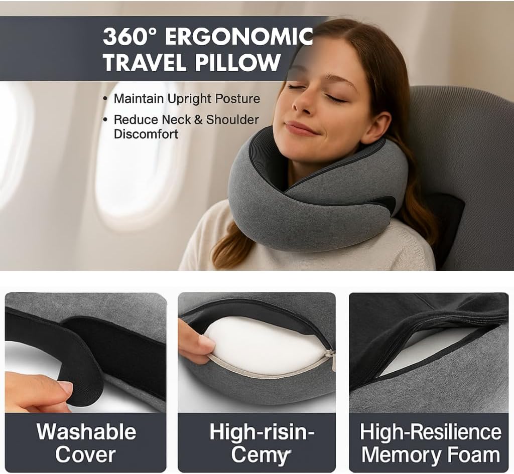 Travel Neck Pillow with Memory Foam & Chin Support – Includes Cute Macaron EVA Water-Resistant Carry Case, Eye Mask & Ear Plugs (Light Grey)