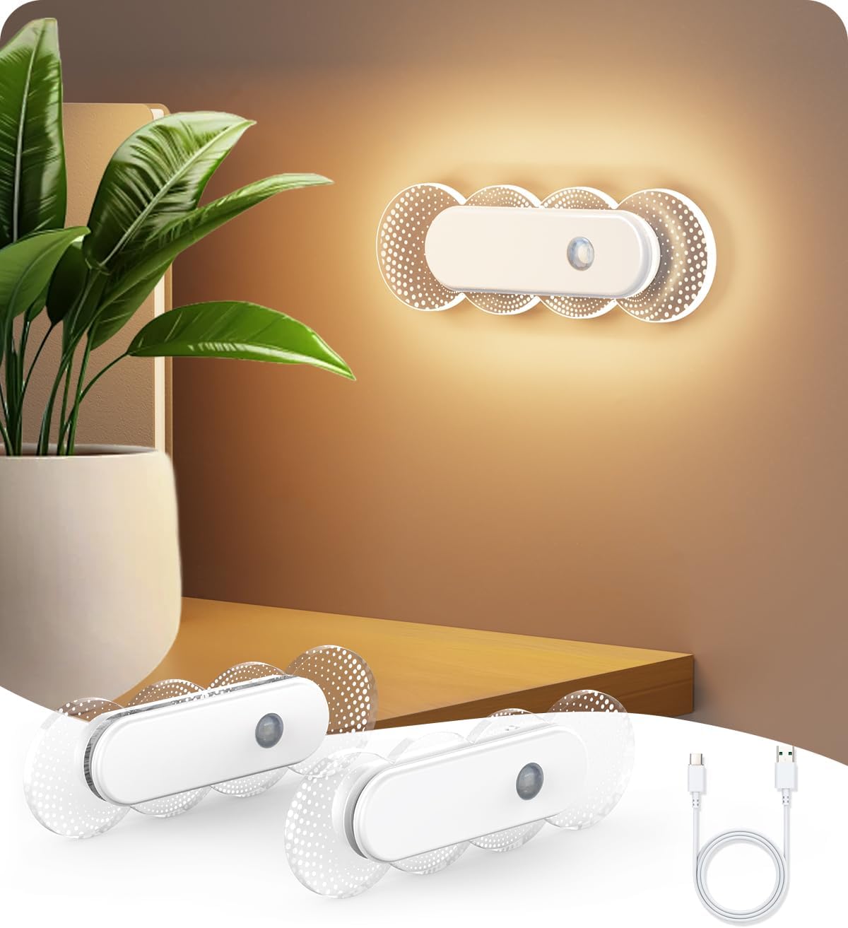 Motion Sensor Night Light for Bathroom & Toilet, Rechargeable Wireless Stick-On Indoor Lights, Magnetic No Drill for Hallway Stairs Bedroom, Warm White 3000K LED, Auto On/Off, 2 Pack