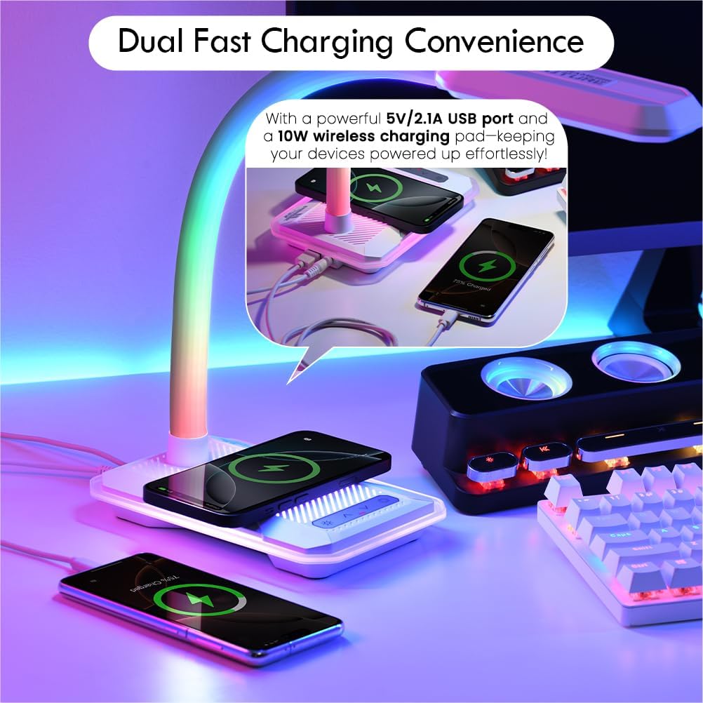 RGB Gaming Desk Lamp with Music Sync,Dimmable LED Lamp with Wireless Charging Station,USB Charging Port,Color Changing Touch Control Light for Gamer Room Decor,Reading,Office,Gift Ideas