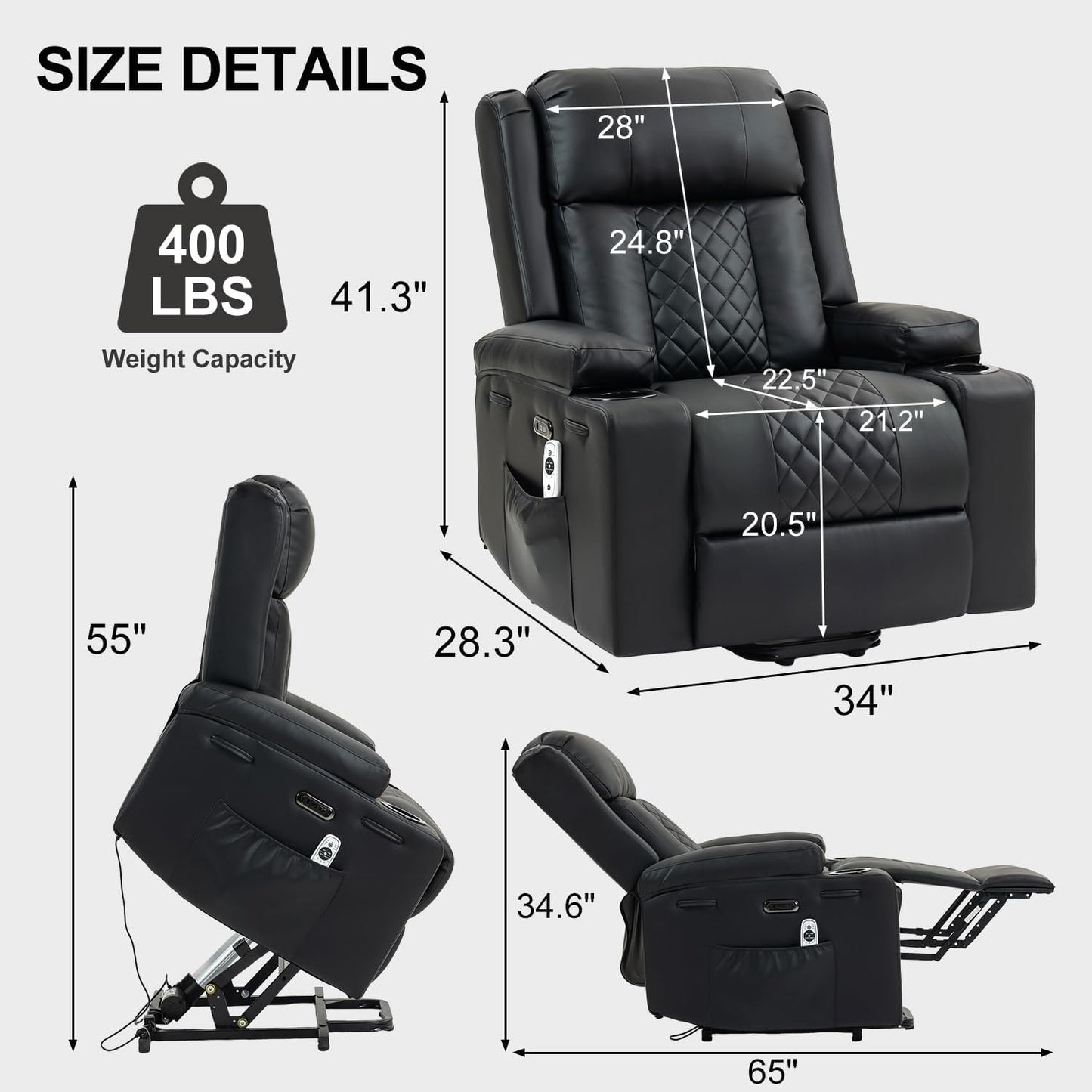Electric Lift Recliner Chair for Seniors with Full-Body Vibration Massage, Heated Lumbar Support, PU Leather Sofa with Cup Holders Adjustable Footrest, Perfect for Living Room or Home Theater, Black