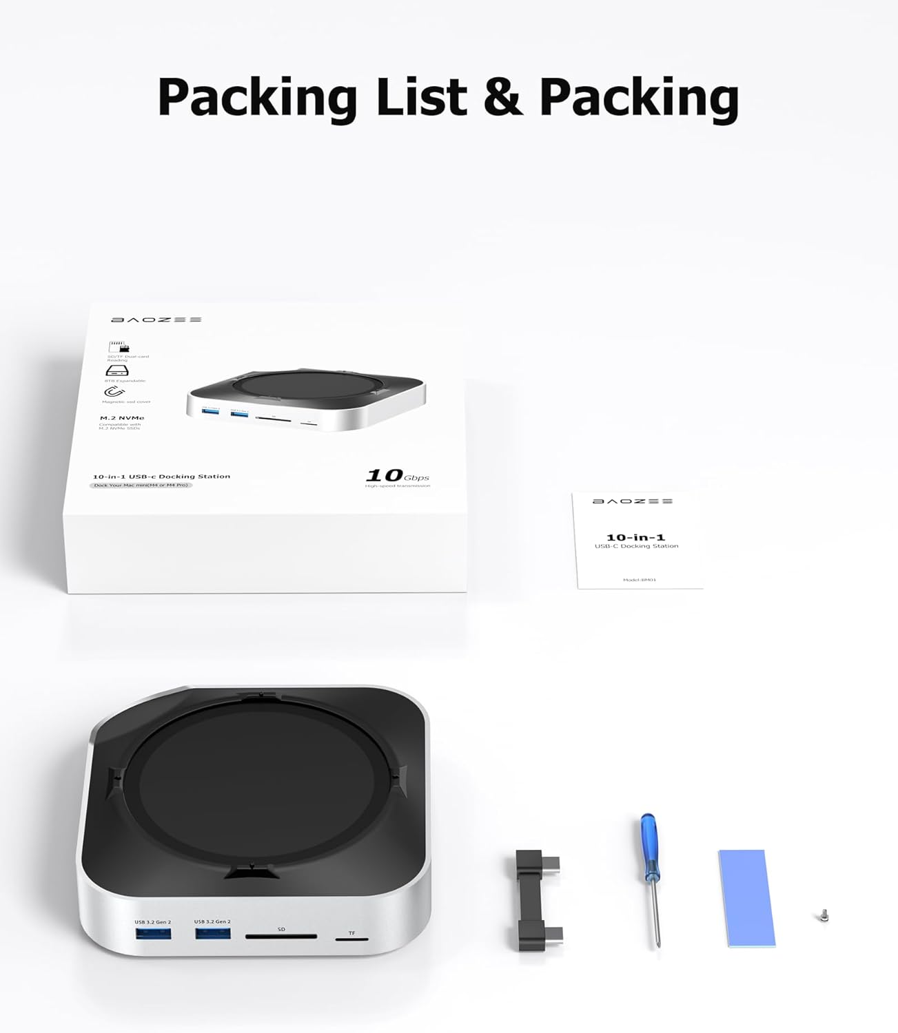Mac mini M4 Dock with NVMe SSD Enclosure, Docking Station Dual Monitor for Mac mini M4/M4 Pro, 6-Port USB-C Hub with 4K60Hz HDMI, DisplayPort, SD/TF Card Reader, 10Gbps USB-A