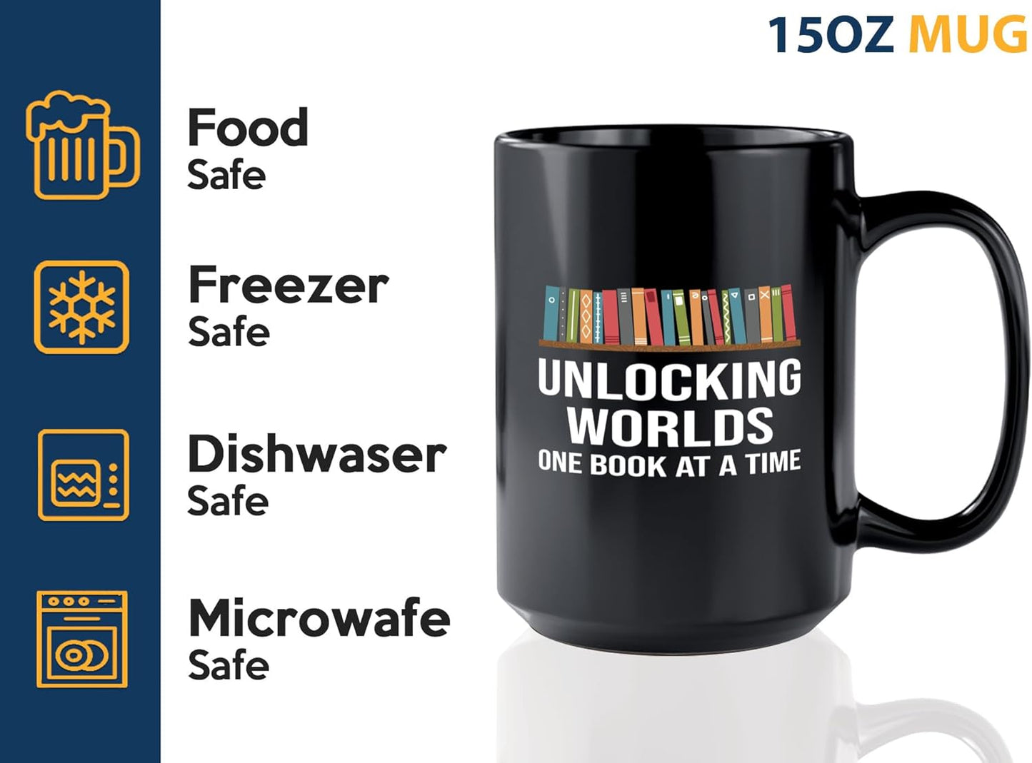 Book Lover Coffee Mug 15oz Black -Unlocking Worlds - Gift For Poets Bookish People Bibliophile Librarian Book Club Reader