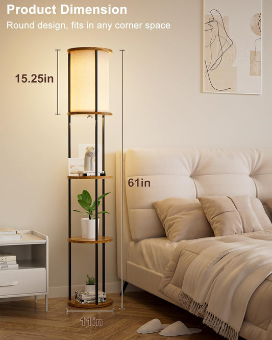 61" Floor Lamp with Shelves, Modern Black Floor Lamp with Fabric Lampshade and 3- Tier Storage Table Attached, 35lb Capacity Solid Wood, Corner Bookshelf Lamps for Living Room, Bedroom, Office