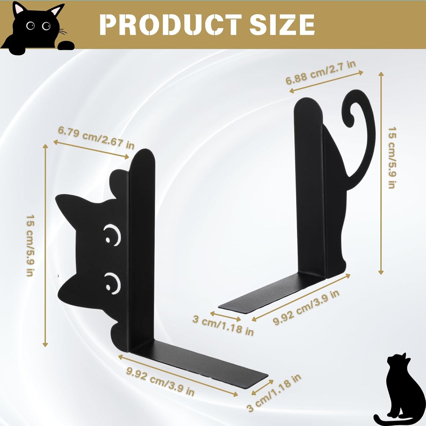 Cat Metal Bookends, Cute Cat Book Ends for Shelves, Home Office Desk Bookshelf Decor, 1.5mm Thick Metal with Non-Slip Pads, Gift for Cat Lovers Book Lovers, 1 Pair