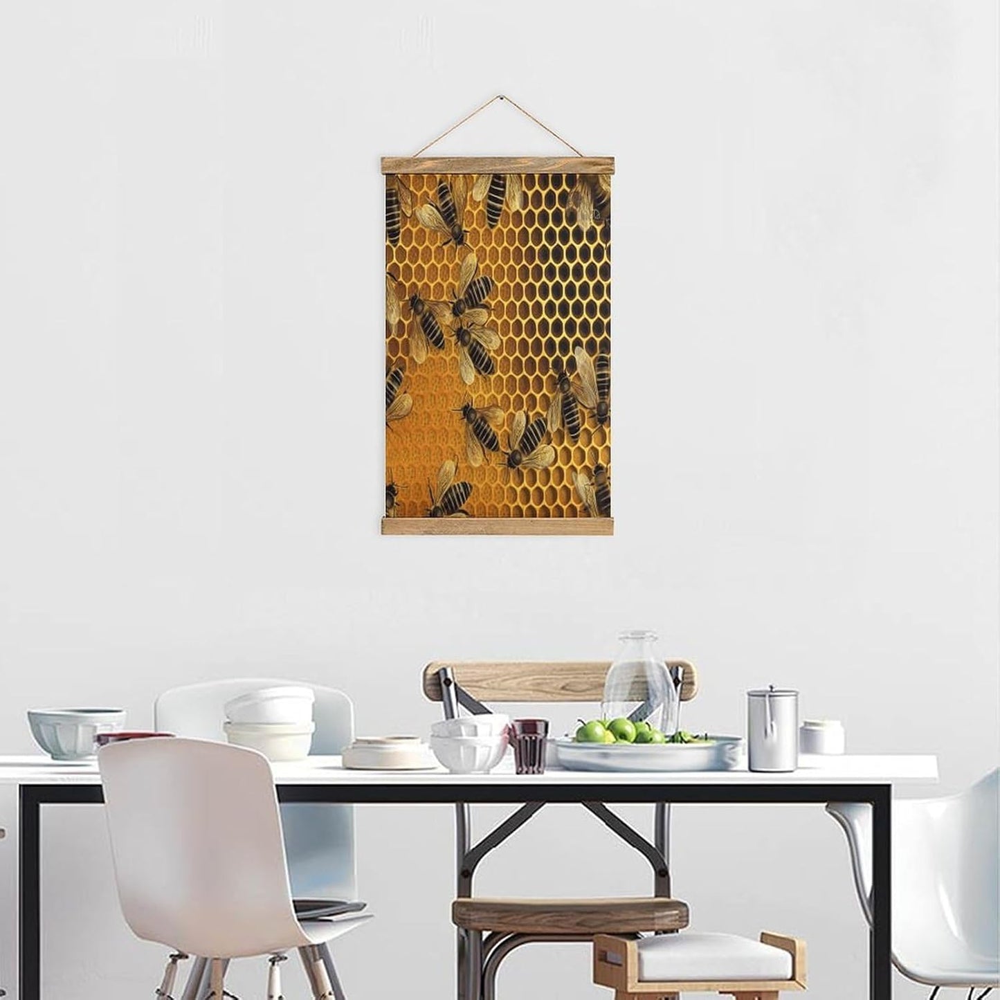 Vintage Bees on Hive Poster with Wooden Frame Personalized Linen Hanging Scroll Painting Rustic Wall Hanging Illustrative Modern Artwork Decor for Home Living Room Bedroom Office