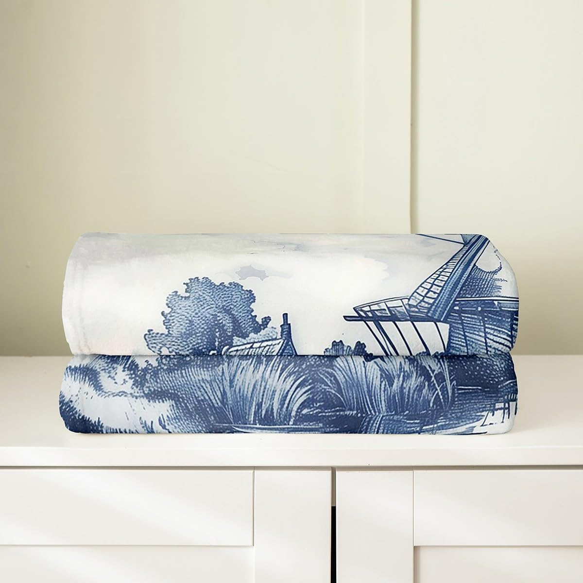 Erosebridal Vintage Dutch Windmill Flannel Blanket Throw 50x60 Delft Blue Farm Throw Blankets Rustic Farmhouse Blanket