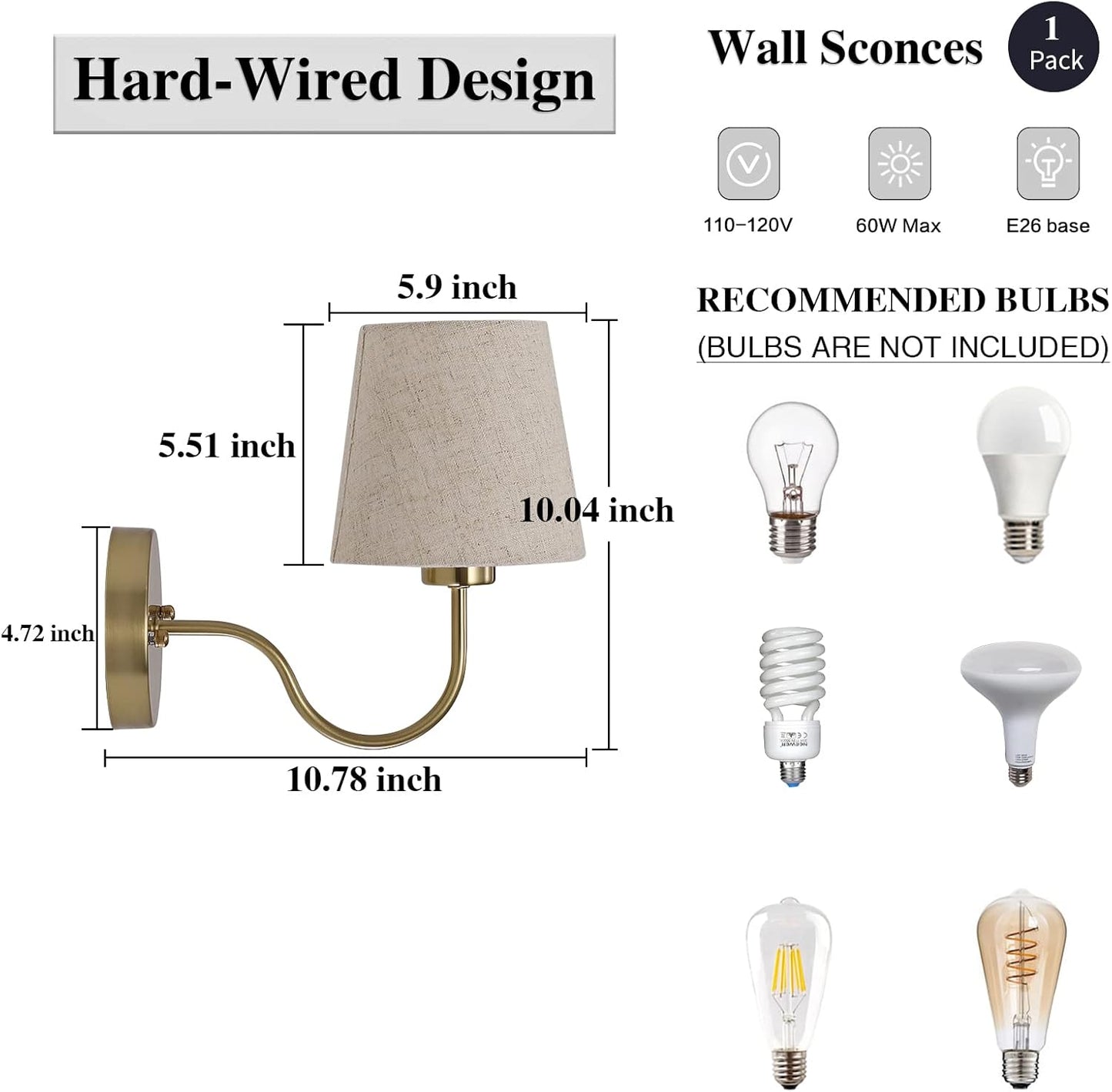 LASENCHOO Gold Wall Sconce, 1 Pack Modern Sconces Wall Lighting Vintage Wall Light Fixtures with Fabric Lampshade, Bedside Wall Lamp for Bedroom Living Room Hallway Entryway, E26 Bulb (No Include)