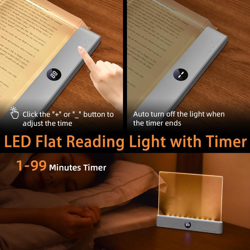Book Light, Rechargeable Clear LED Flat Book Lights for Reading in Bed at Night with Dimmable 3 Colors & Timer, Full Page Panel Plate Lamp, Study Light Gifts for Readers Women Kids Book Lovers (Pink)