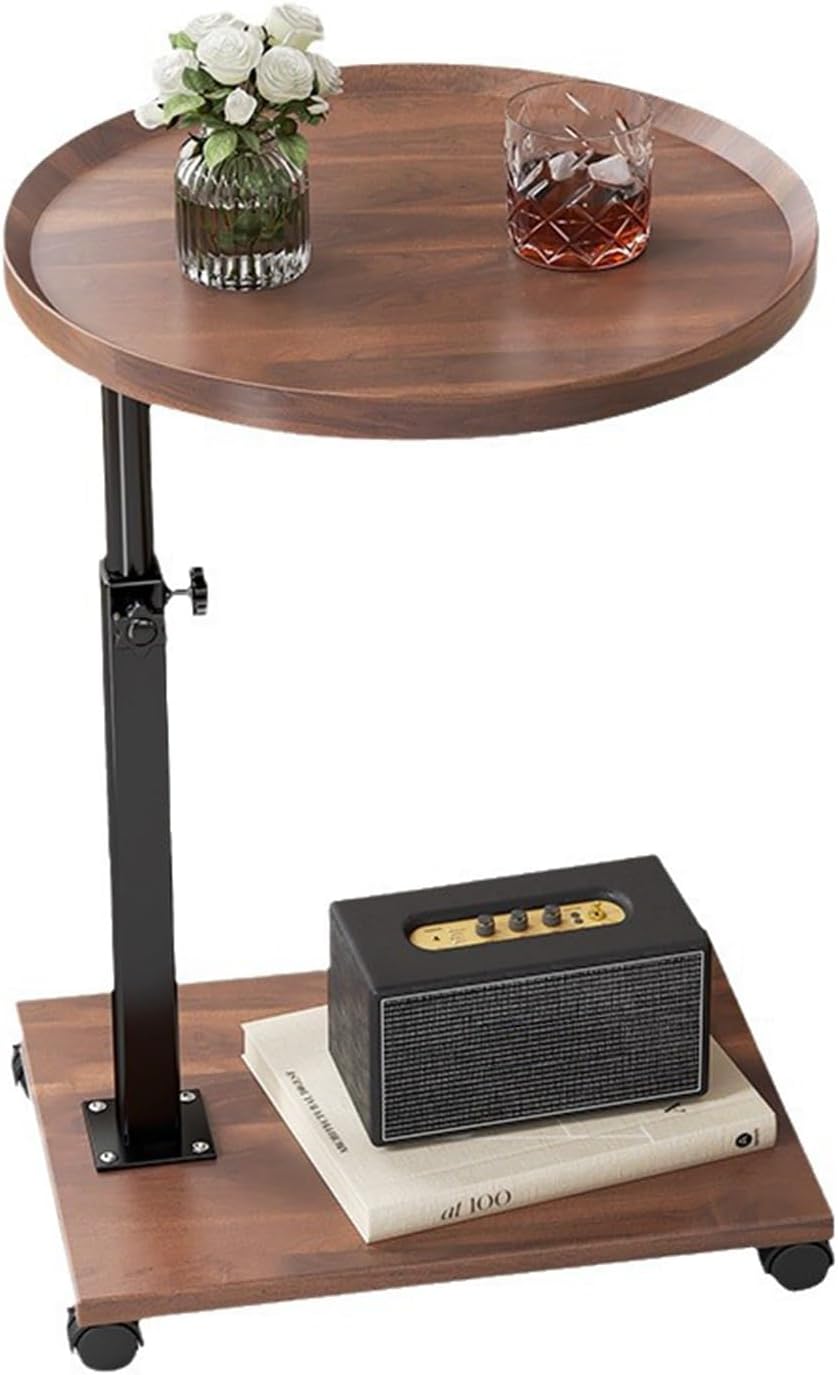 Adjustable C Shaped Side Table, C Table End Table with Wheels for Sofa, 360° Swivel Sofa Table for Livingroom,Bedroom,Study and Small Spaces,Bedside Table (Round,Walnut Wood)