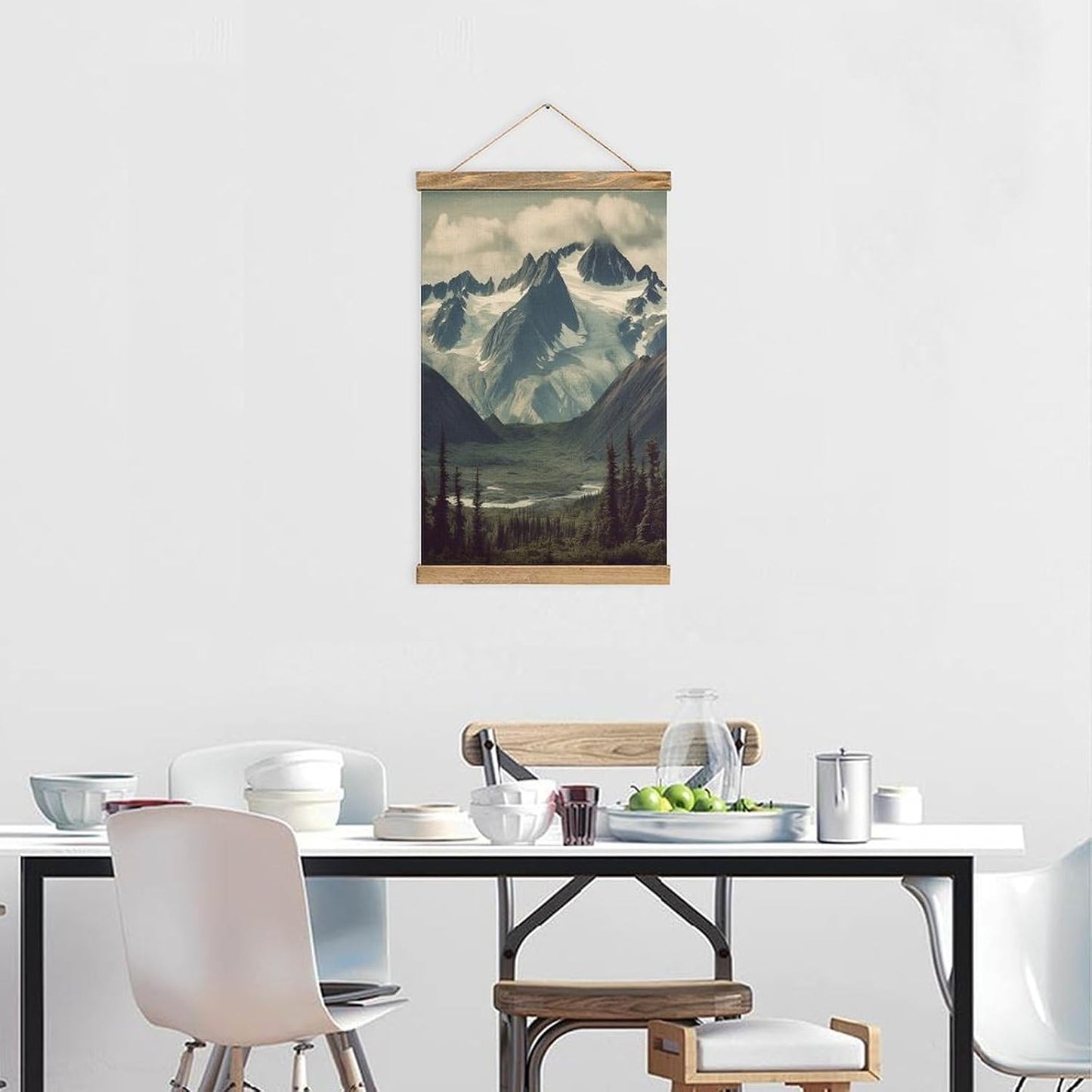 Vintage Alaska Mountains Poster with Wooden Frame Personalized Linen Hanging Scroll Painting Rustic Wall Hanging Illustrative Modern Artwork Decor for Home Living Room Bedroom Office
