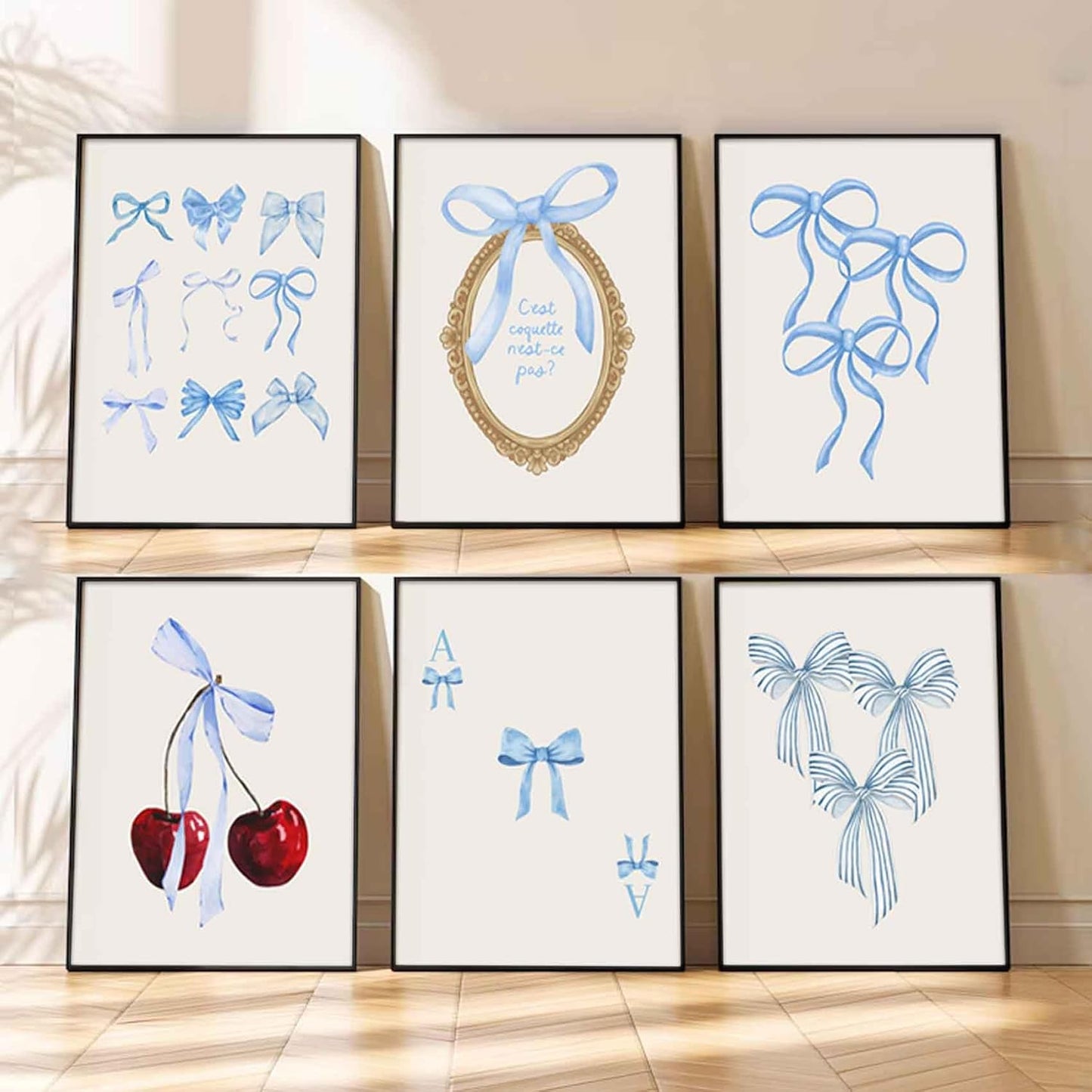 6pcs Blue Bow Canvas Wall Art Preppy Coquettish Aesthetic Room Wall Decor Tredy Red Cherry Poster Prints for Girls Room College Apartment Bedroom Living Room Unframed