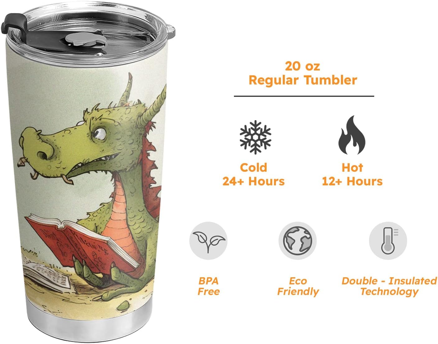 20oz Colorful Painting Book Dragon Tumbler, Librarian, Reading Gifts for Dragon Lovers, Coffee Tumbler for Women, Stainless Steel Double Wall Vacuum Insulated Coffee Mug, Travel Cup with Lid