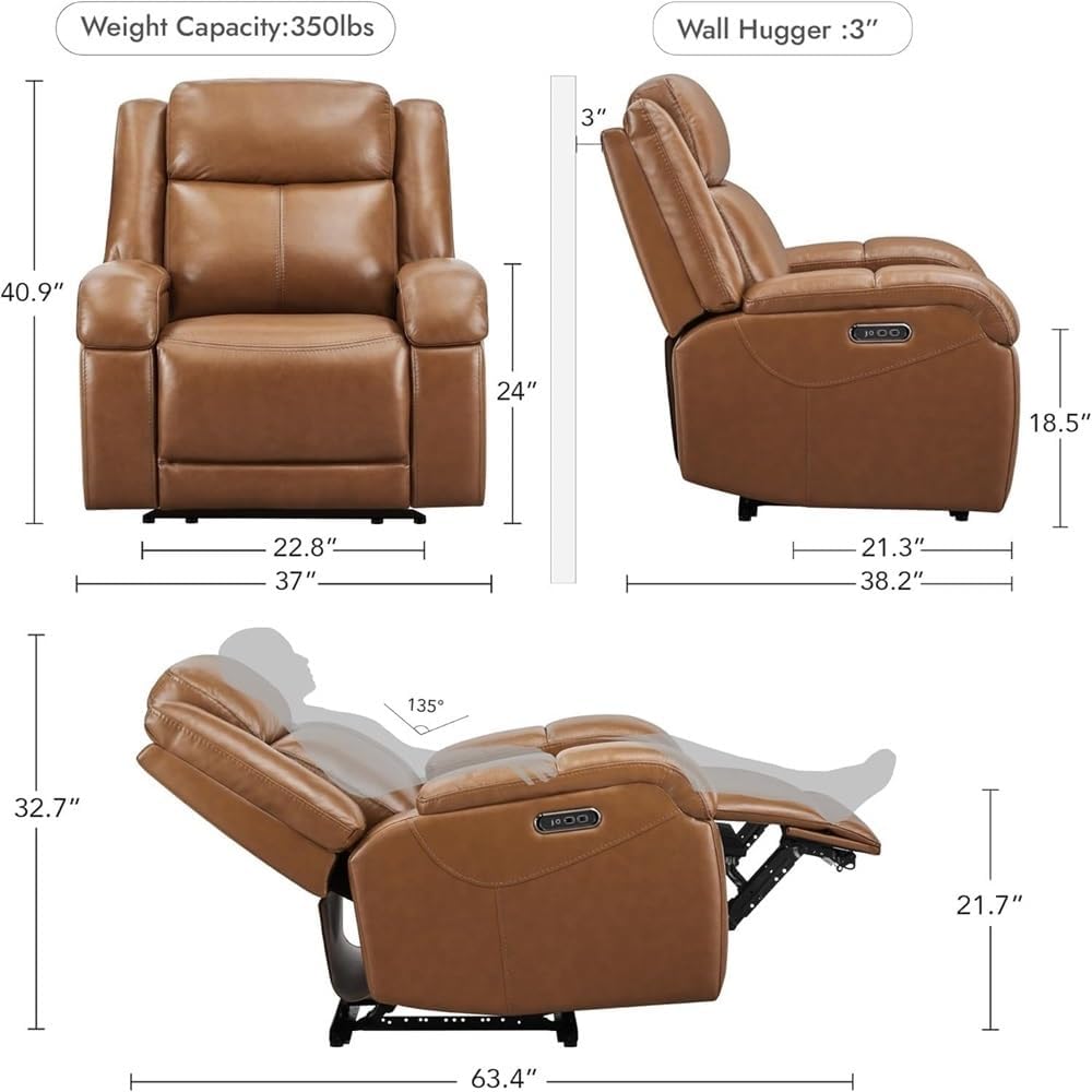 Electric Power Recliner Chair for Adults with Adjustable Headrest, USB Charging Ports, Modern Brown Leather Lounge Armchair, Breathable Ergonomic Reclining Sofa Chair for Living Room Comfort
