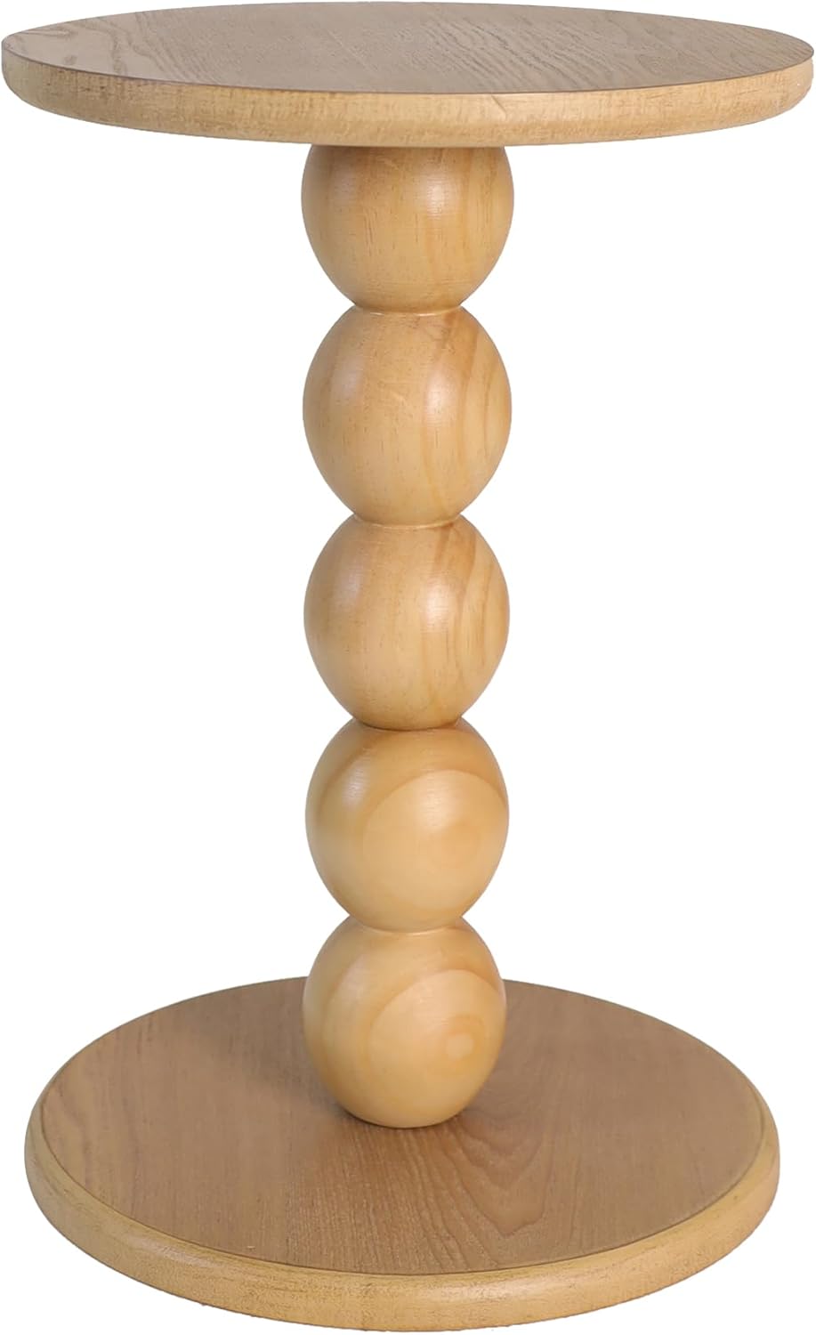 Small Round Wooden Side Table with Stacked Ball Pedestal Base, 12.4 X17.32 Accent Nightstand for Living Room, Bedroom, Corners (Natural)