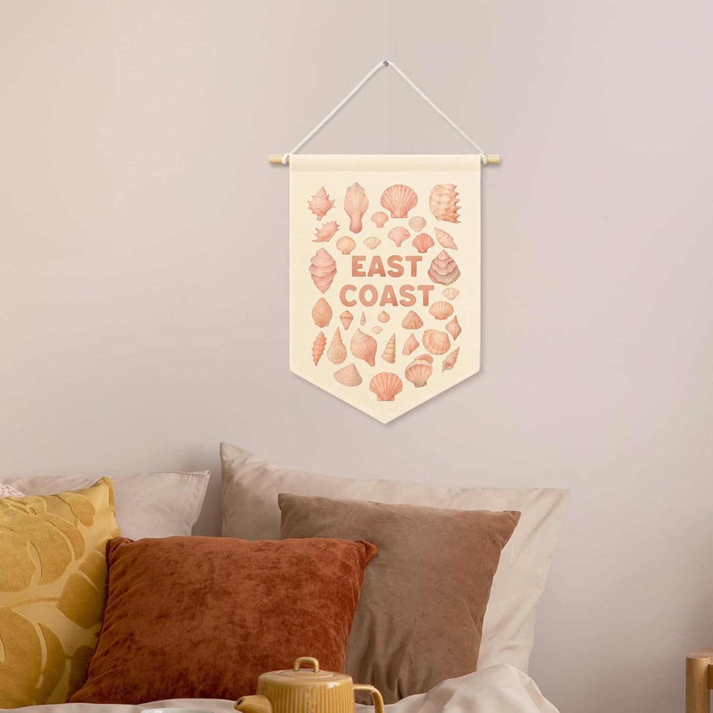 Pink East Coast Seashell Girly Room Decor, Coastal Beach Ocean Kids Banner Canvas, Preppy Sea Nursery Wall Hanging Frame Decor Art Pennant Flag for Beachy Toddler Room Playroom Dorm 11x15in
