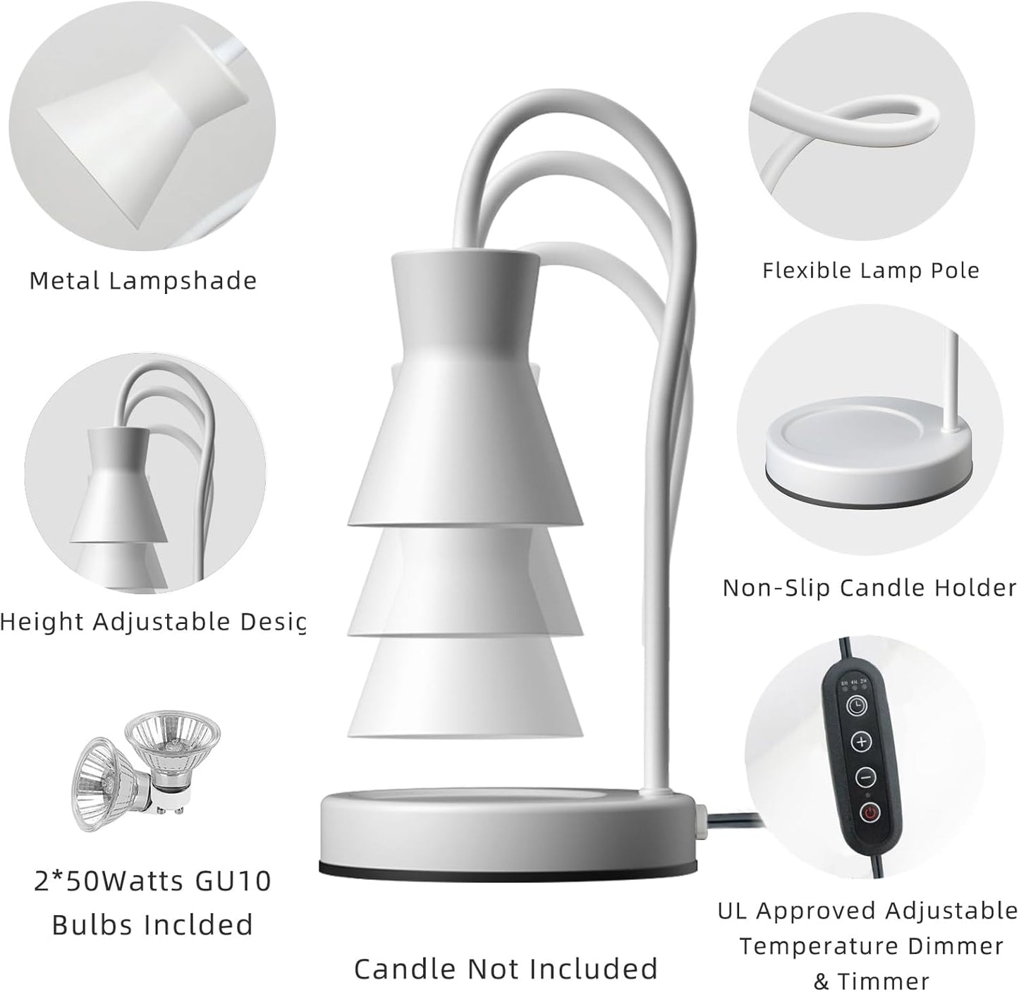 Candle Warmer Lamp with Timer and Dimmer, Vintage Electric Candle Melter with 2 Bulbs, Melter Scented Candle Height Adjustable Compatible with Jar Candles, House Warming Gifts (White)
