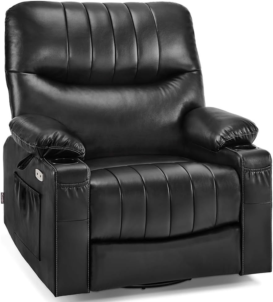 Power Swivel Rocker Recliner Chair with Heat and Vibration, Black Leather Electric Glider Recliner for Nursery, Living Room Sofa with USB Ports & Side Pockets