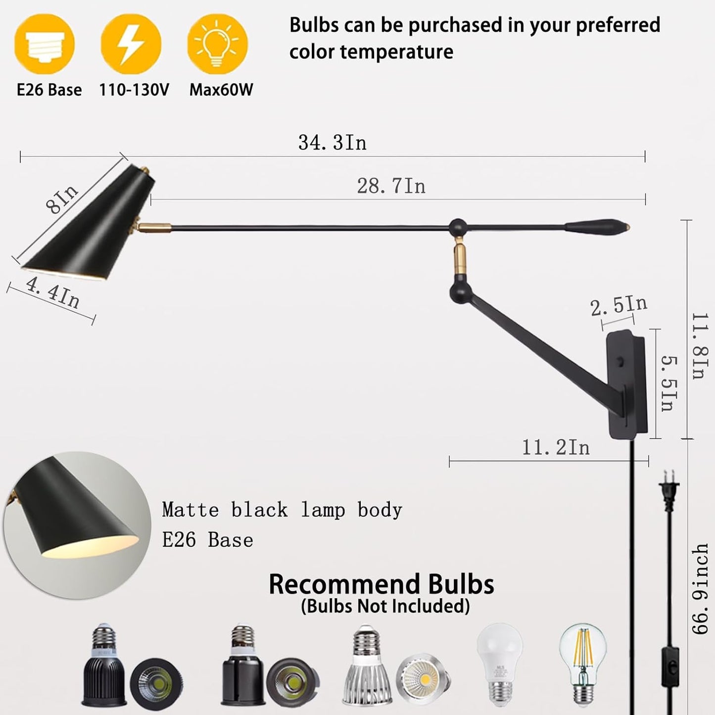 Adjustable Swing Arm Wall Sconce - 360° Rotation & Dual Power Modes (Plug-in/Hardwired), Vintage Industrial Wall Mounted Light with Matte Black Finish, E26 Bulb Compatible for Living Room & Bedroom