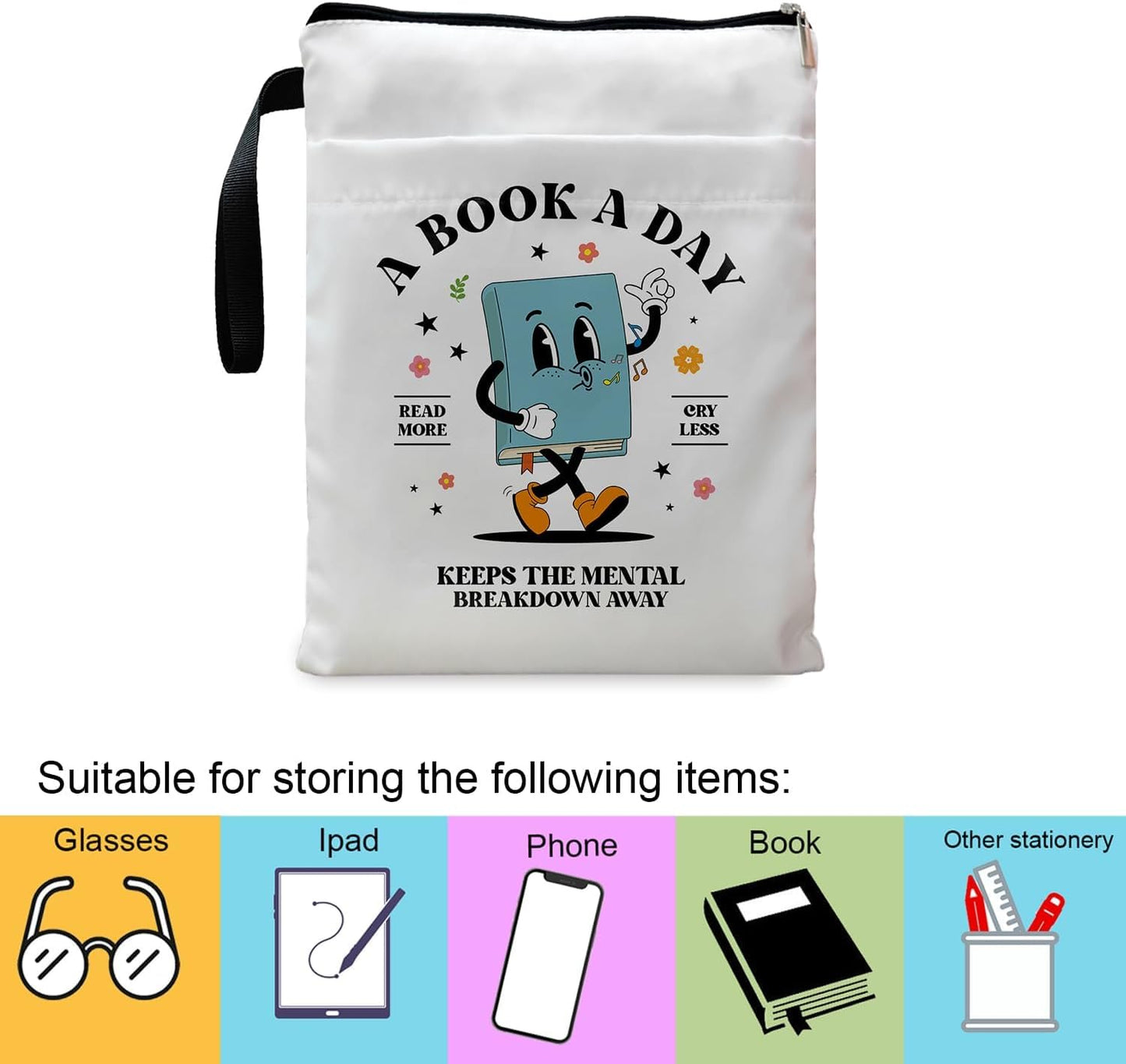 Inspirational Quote Book Sleeve, Book Covers for Paperbacks, Book Sleeve with Zipper, Book Lover Gifts, Bookish Gift Book Pouch for Women 11.4 x 9.05 Inch (Book A Day)