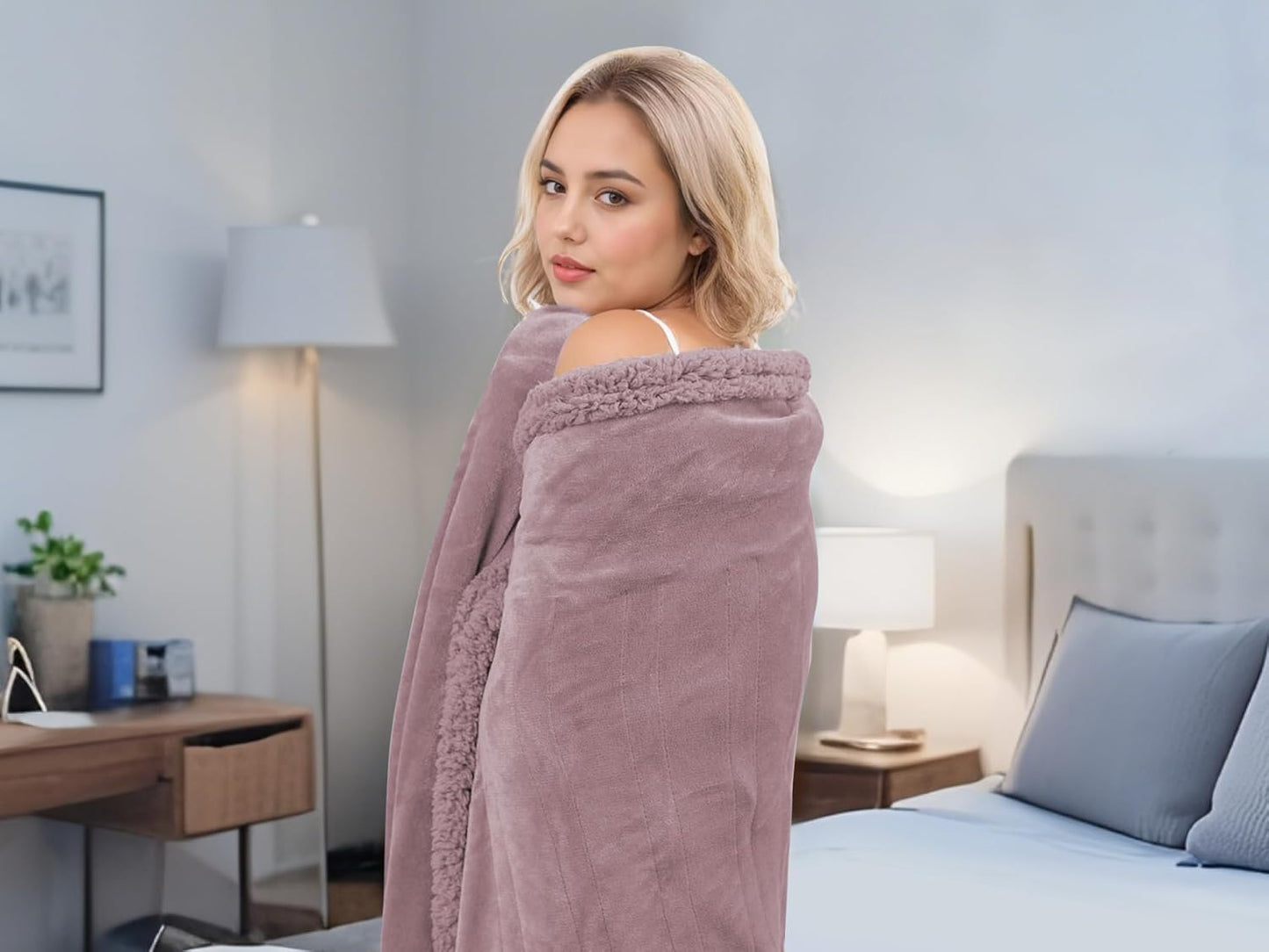 Electric Heated Blanket Throw Size 50" x 60" - 5 Heat Settings & 3H Auto-Off, Microplush Flannel & Sherpa, Machine Washable, Overheat Protection, Ideal Gifts for Home/Bedroom/Sofa, Lavender Purple