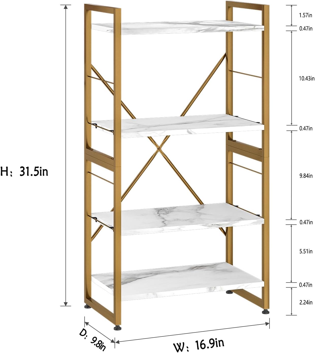4 Tiers Bookshelf Adjustable White Faux Marble Organizer, Modern Small Bookcase for Small Space,Industrial Wooden Storage Display Rack and Storage Organizer for Living Room Home Office(Glod)