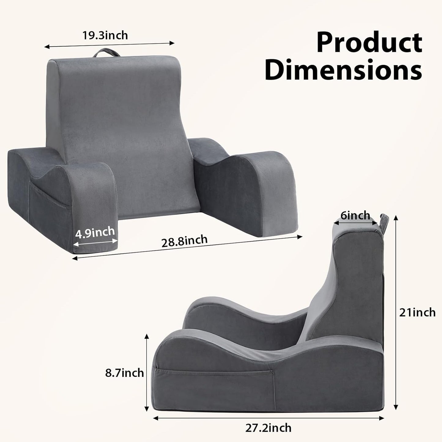 Quilmfoam Reading Pillow for Sitting in Bed Adult, Back Pillow for Sitting Up with Arms, Bed Pillow Back Support for Reading, Nursing, TV, Gaming & Working, Removable Cover, Lightweight 21"