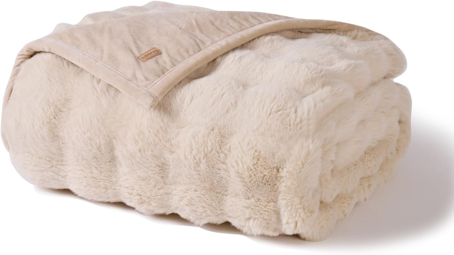 EverGrace Ultra Soft Luxury Fluffy Faux Rabbit Fur Throw Blanket, Thick Warm Bubble Throw for Bed, Cozy Plush Reversible Blankets for Couch, Chair, Sofa, Cream, 60x80 Inches
