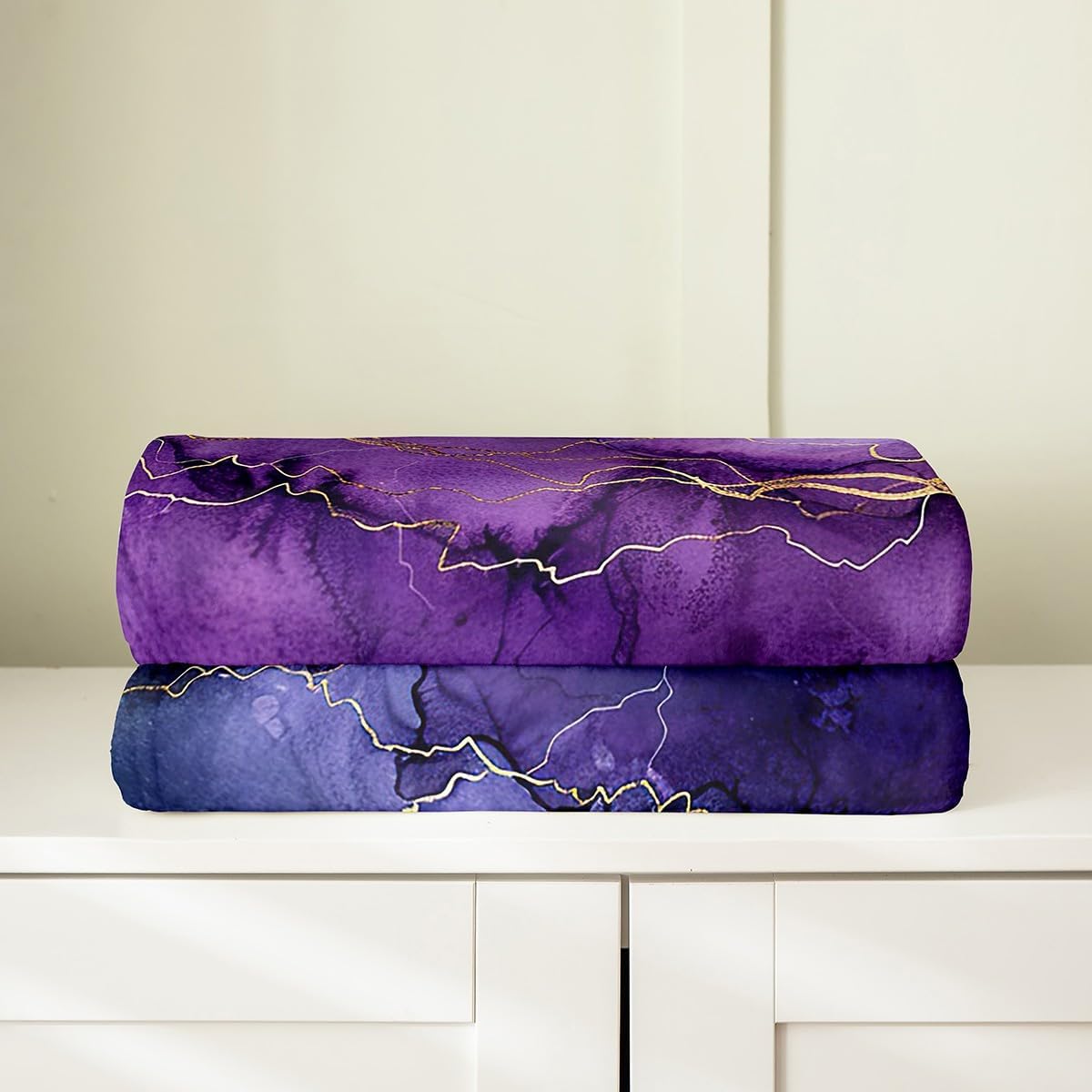 Feelyou Purple Gold Marble Fuzzy Blanket Queen 90"x90" Modern Marble Aesthetic Flannel Fleece Throw Blanket Retro Watercolor Artwork Design All Season Bed Blanket Abstract Plush Blanket