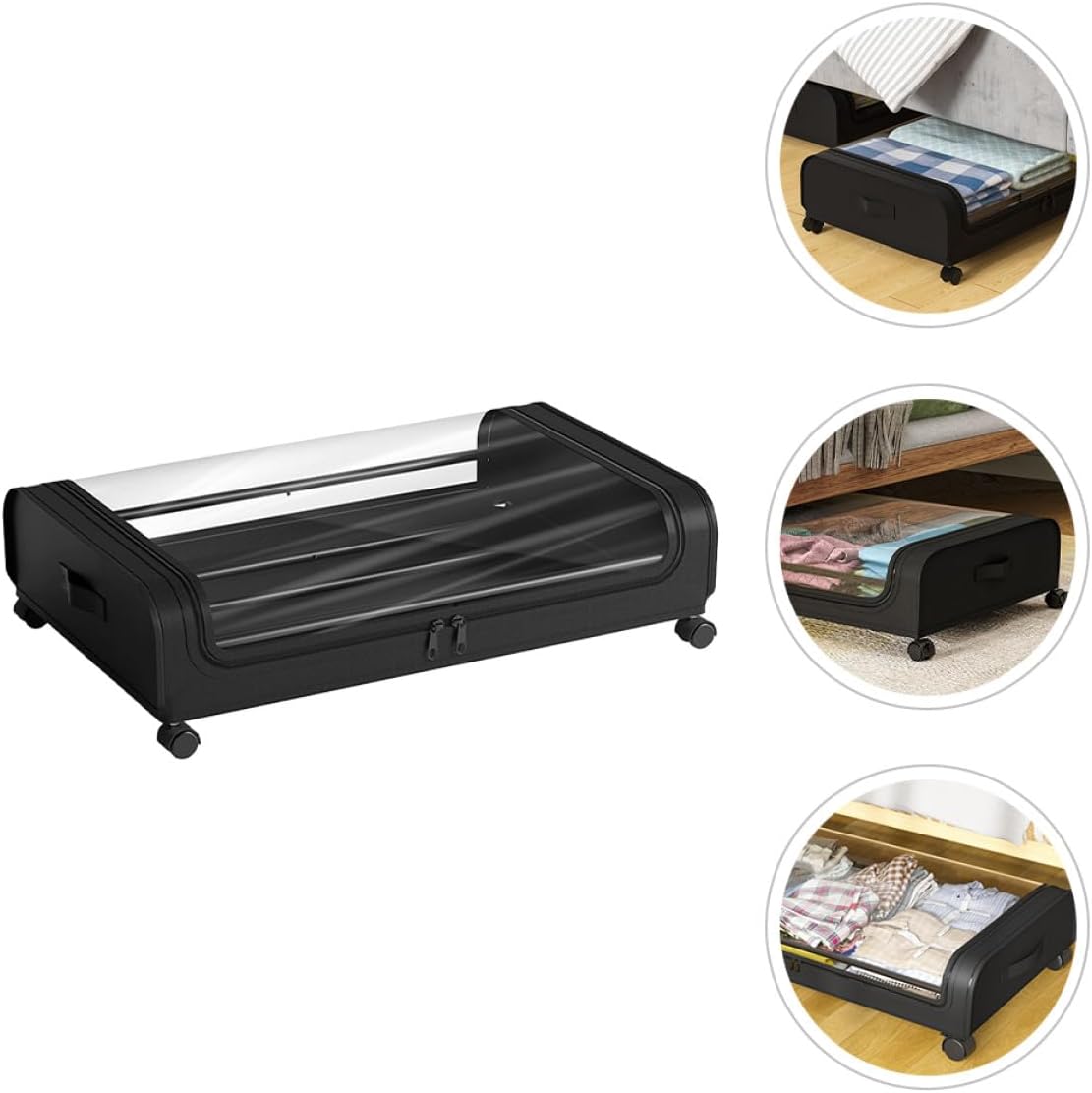 PRETYZOOM Bed Organizer Storage Box with Wheels, Lid, Black Plastic Sturdy Multi-functional Bedroom Storage Cart for Clothes and Books Dustproof