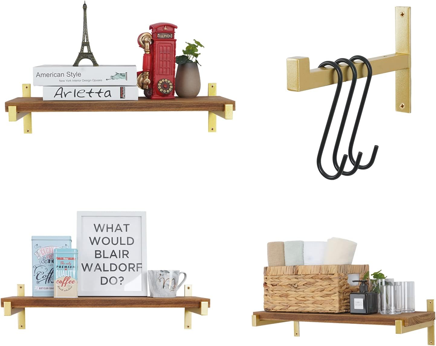 OVOV 2 Pcs Metal Shelf Brackets Heavy Duty Industrial Wall Mounted Floating Shelf Brackets (Gold) 12"