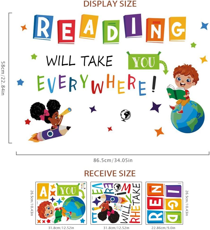 Reading Will Take You Everywhere Inspirational Quote Wall Decal Sticker, Motivational Phrase Classroom Bedroom Playroom Art, Library Positive Saying Decor Gift