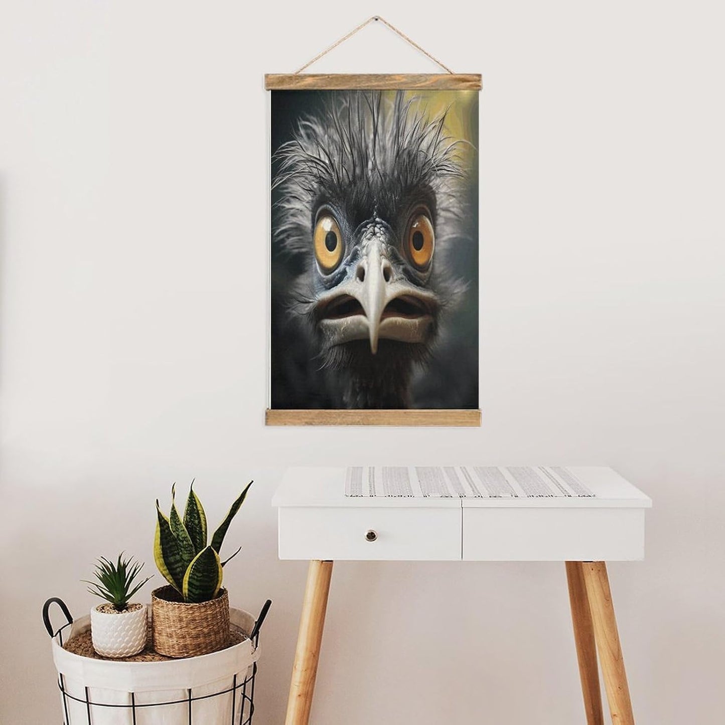 Vintage Emu Poster with Wooden Frame Personalized Linen Hanging Scroll Painting Rustic Wall Hanging Illustrative Modern Artwork Decor for Home Living Room Bedroom Office