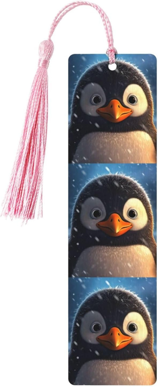 Penguin in The Snow Bookmarks Gifts for Women Men, Wooden Bookmarks for Book Lovers, Vintage Book Marks Ornaments with Tassel, Unique Personalized Reading Page Markers Pink
