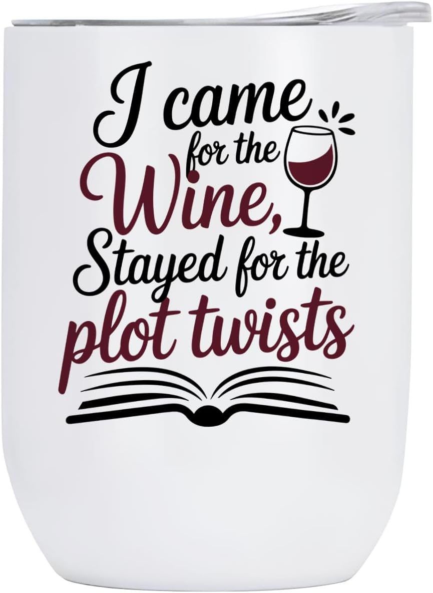 Book club gifts for women. 12oz Bookclub Wine Tumbler with Lid, Funny Bookish Cup for Book Lovers, Unique Gift Idea for Wine Nights and Literary Get-Togethers.
