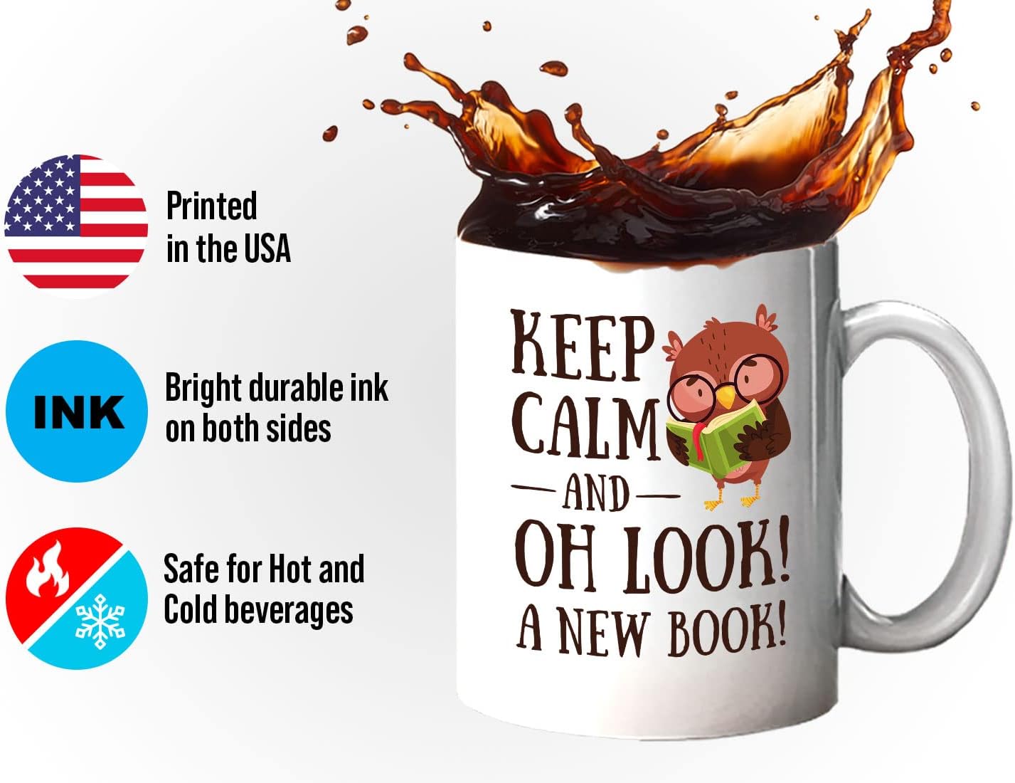 Bubble Hugs Book Lover Coffee Mug 11oz White - Keep Calm and Oh New Book - Reading Owl Reader Stack of Books Lover Bookish Novelist Librarian Writer