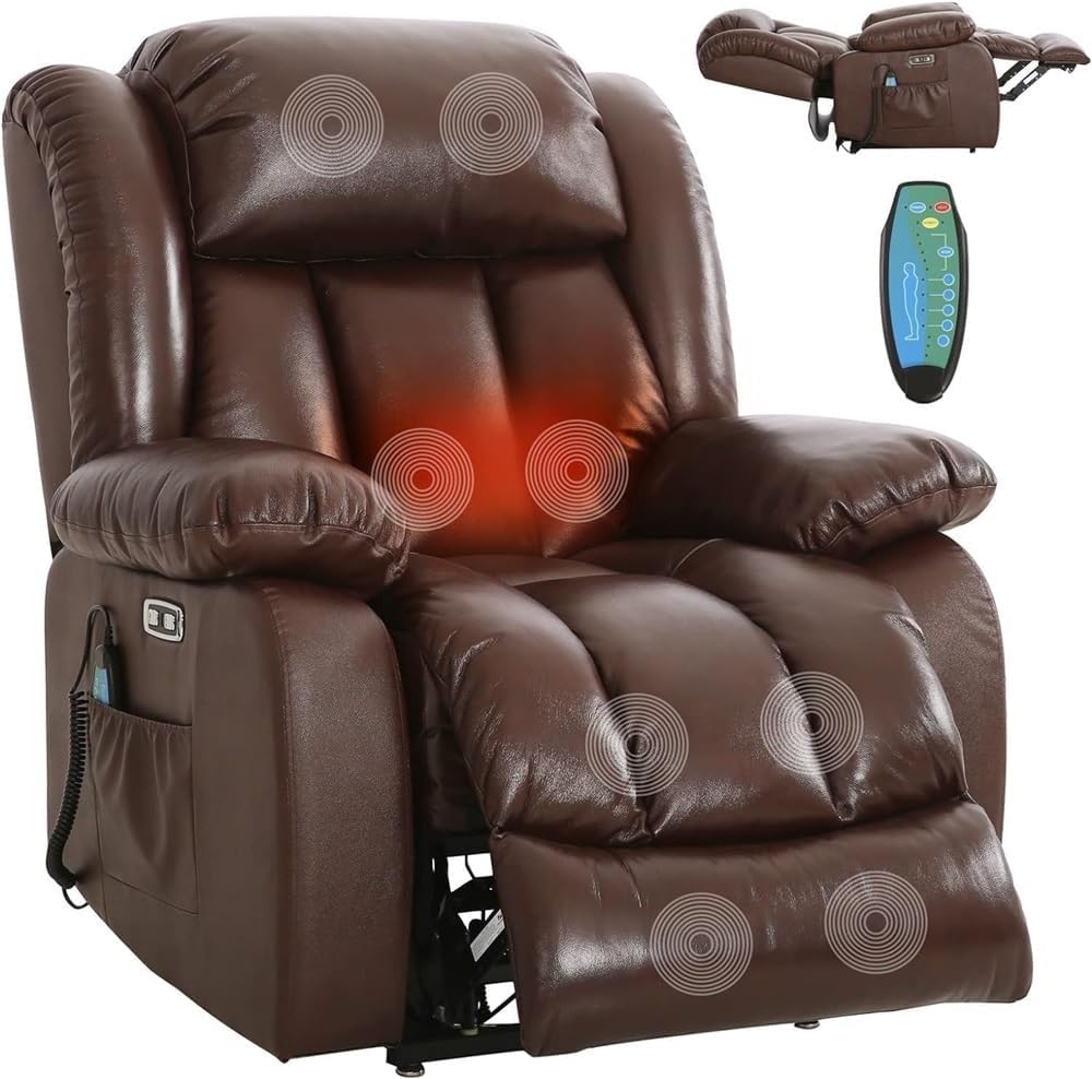 Large Power Lift Recliner Chair for Seniors with Dual Motor Infinite Position Adjustable Leather Heated Massage Lay Flat Electric Lounge Seating Brown Living Room Furniture
