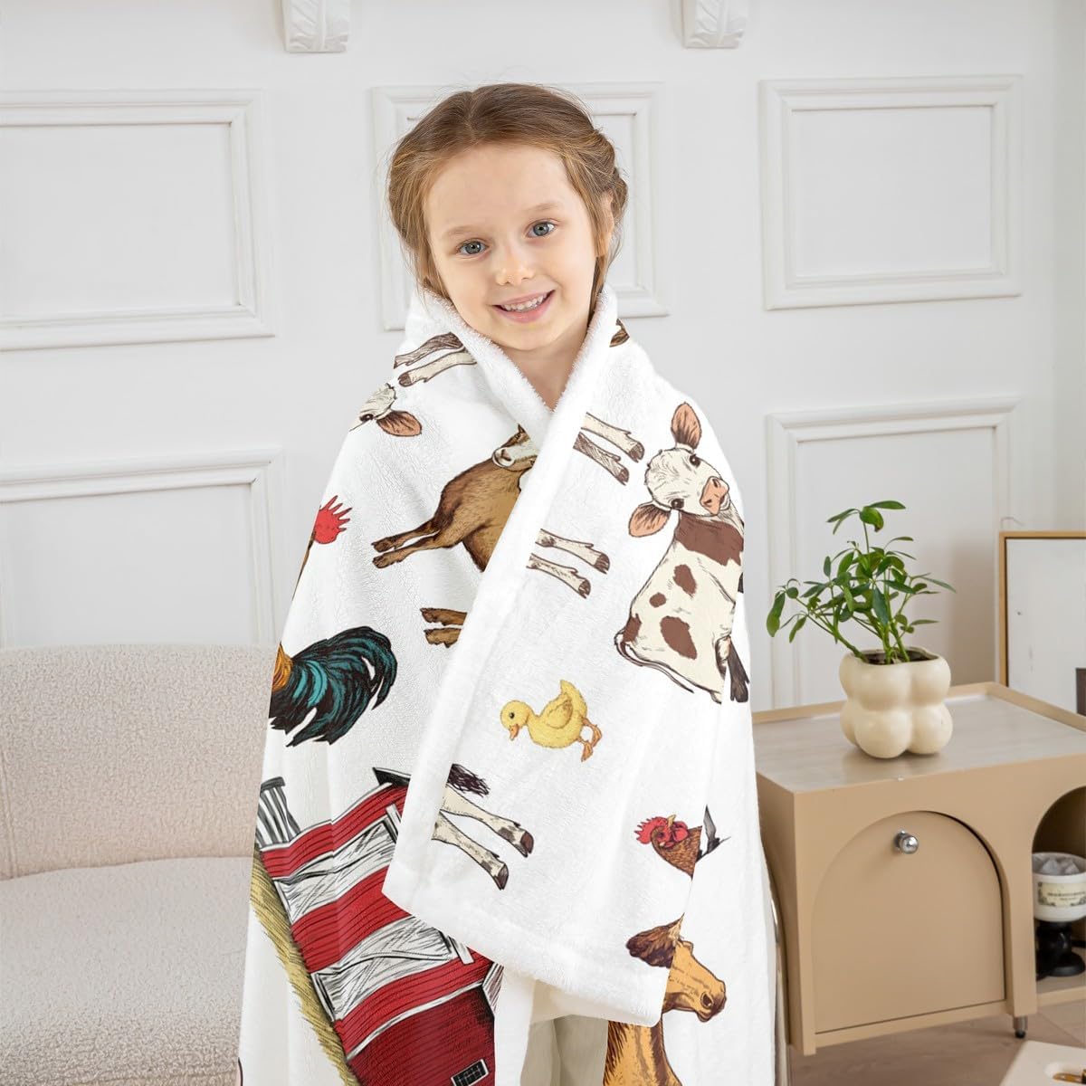 Farm Animals Fleece Blanket - Rustic Farmhouse Throw for Boys & Girls, Horse, Chicken, Rooster, Bull, Cattle, Cow, Sheep, Pig, Duck, Goose - Country Style Fuzzy Blanket, 40"x50" Room Decor