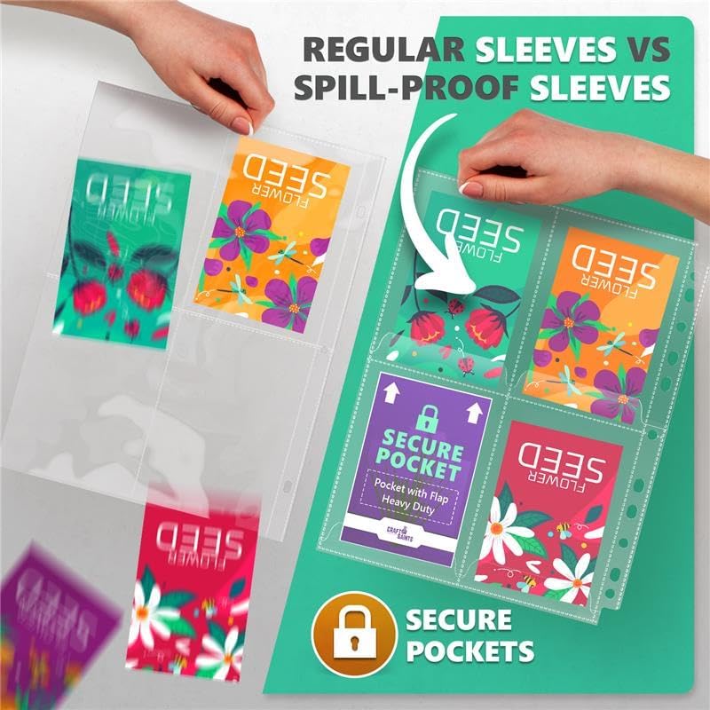 120 Pockets Spill-Proof Top Closure Seed Storage Organizer Sleeves (40 Pack) Heavy Duty 4 Pocket Garden Seed Organizer, Slot Size 3.5x5 Clear Sleeves for Seed Packet Storage, Seed Keeper, Seed Binder