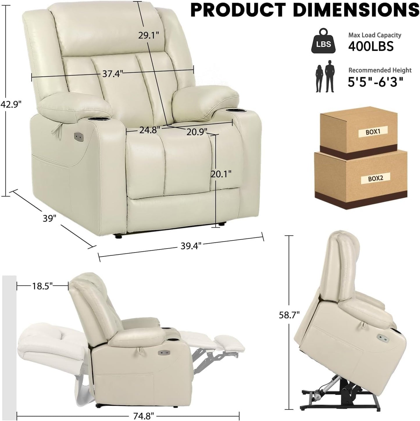 Large Breathable Leather Electric Power Lift Recliner Chair for Seniors Ergonomic Massage Recliner with Heat USB Port Cup Holders Side Pockets Single Sofa