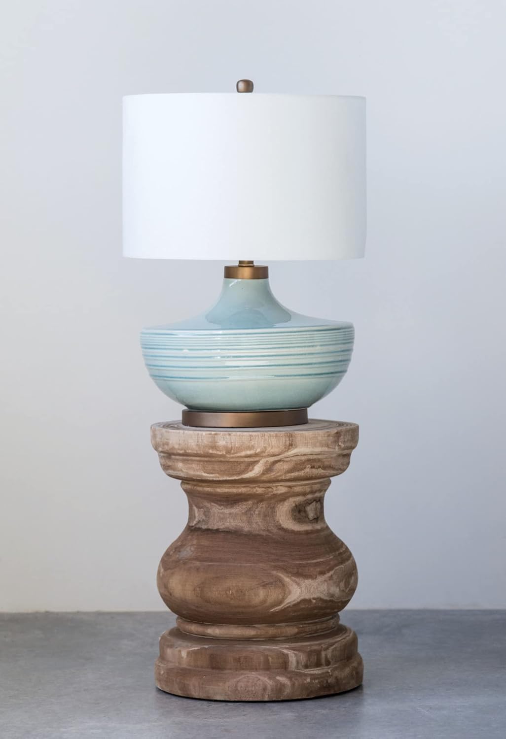 Creative Co-Op Striped Aqua Ceramic Table Lamp with White Linen Shade