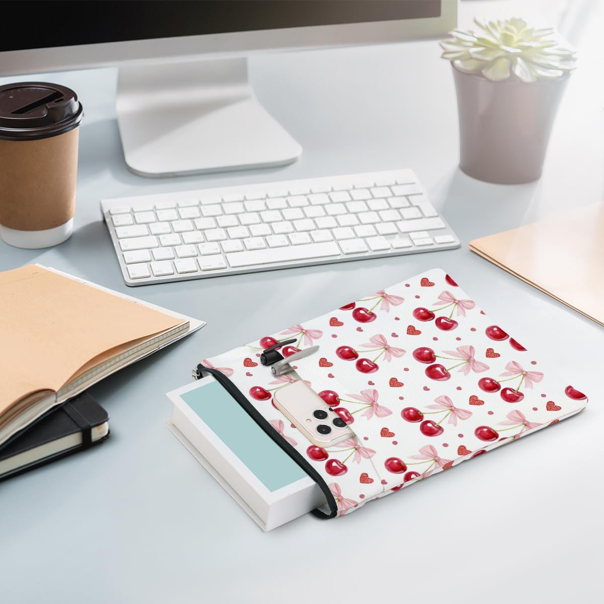 Cherry Bows Decor Book Lovers Gifts Waterproof Book Sleeve Books Pouch Books Protector with Zipper and Front Pocket Bookish Gifts Cover Case for Women Girl Friend Reader Reading Accessories