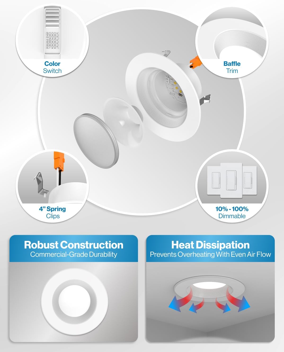Sunco 4 Inch LED Recessed Lights, Retrofit Can Lighting, 660 LM, 11W (40W Equivalent), Selectable CCT 2700K/3000K/3500K/4000K/5000K, Dimmable, Baffle Trim, Replacement Conversion Kit UL 4 Pack