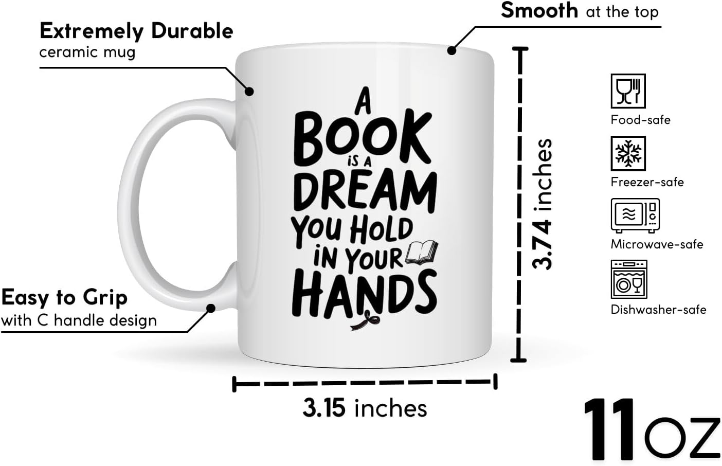 Book Lover Coffee Mug 11oz White - Book Dream - Gift for Bookworm Reader Reading Lover Bookish Women