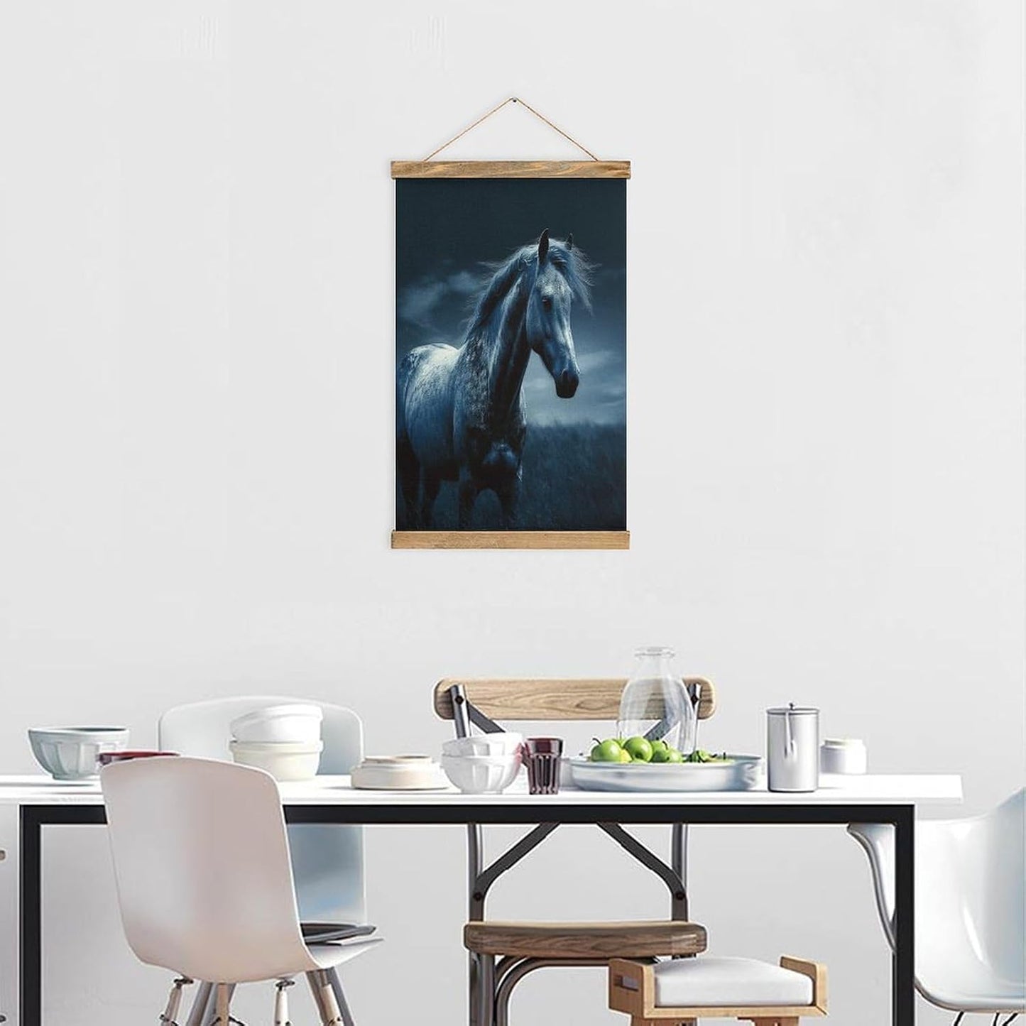 Vintage Blue Horse Poster with Wooden Frame Personalized Linen Hanging Scroll Painting Rustic Wall Hanging Illustrative Modern Artwork Decor for Home Living Room Bedroom Office