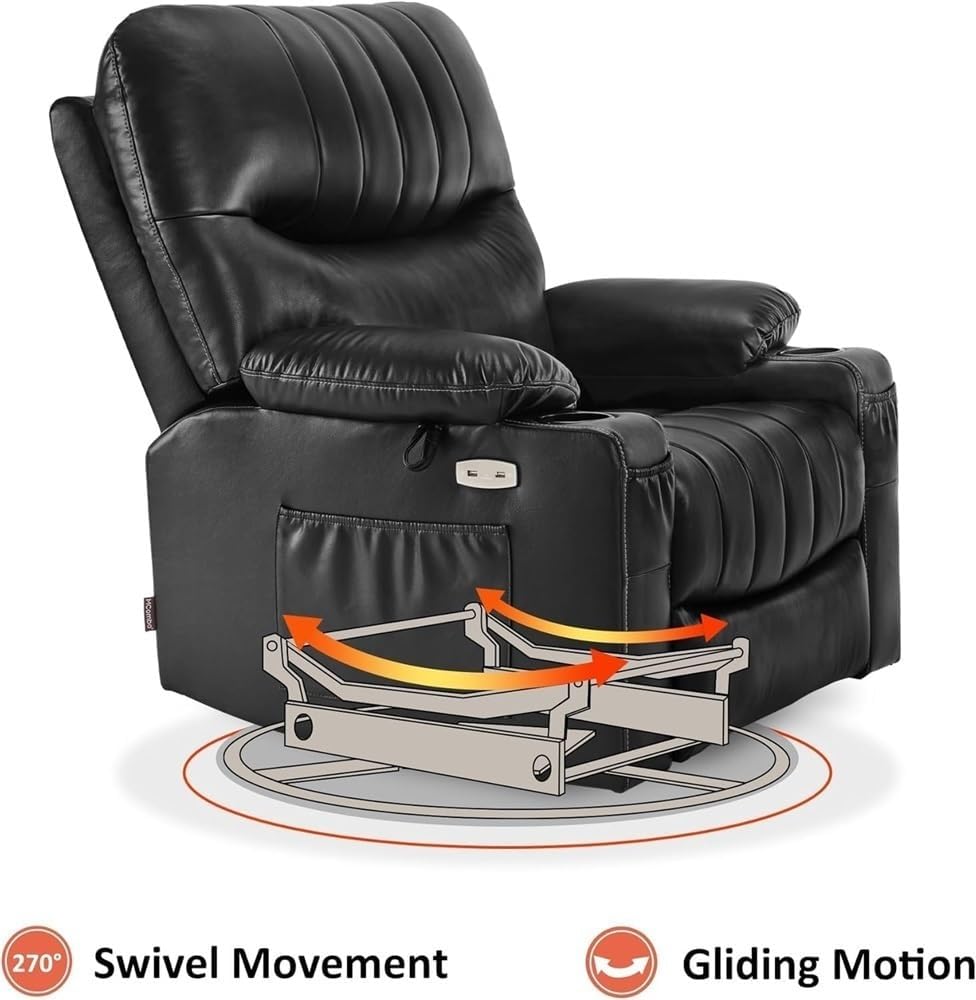 Power Swivel Rocking Recliner with Heat & Vibration Massage – Electric Glider Chair with USB Charging, Cup Holders, and Hidden Side Pockets, Ideal for Nursery, Living Room, and Media Room