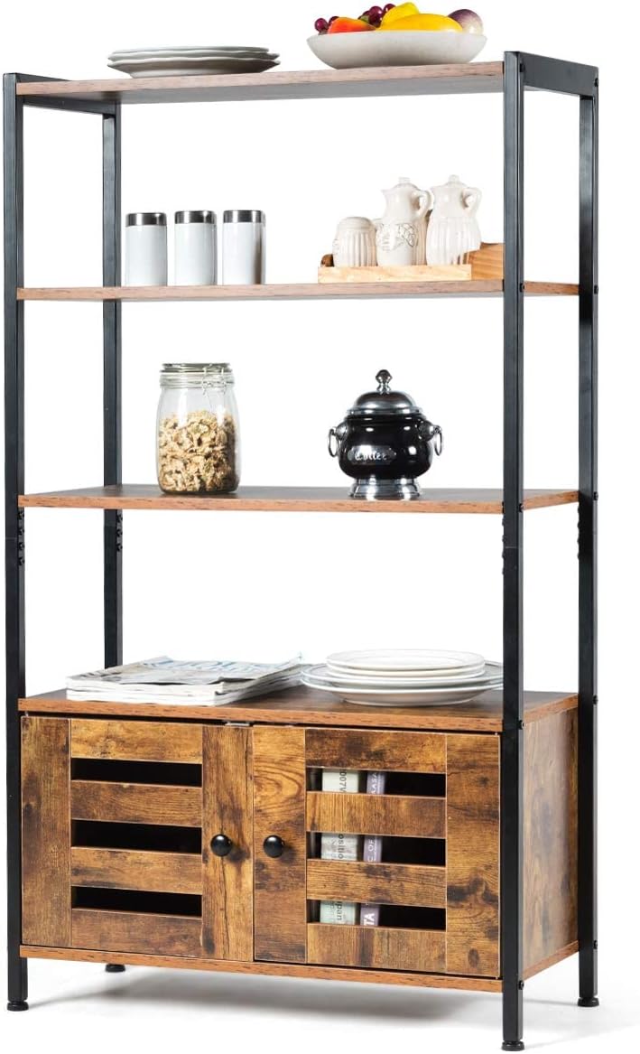 Tangkula Storage Cabinet, Industrial Bookshelf and Bookcase, Freestanding Floor Cabinet with 3 Shelves and 2 Louvered Doors, for Living Room Study Home Office, 27.5 x 12 x 47.5 Inch, Rustic Brown