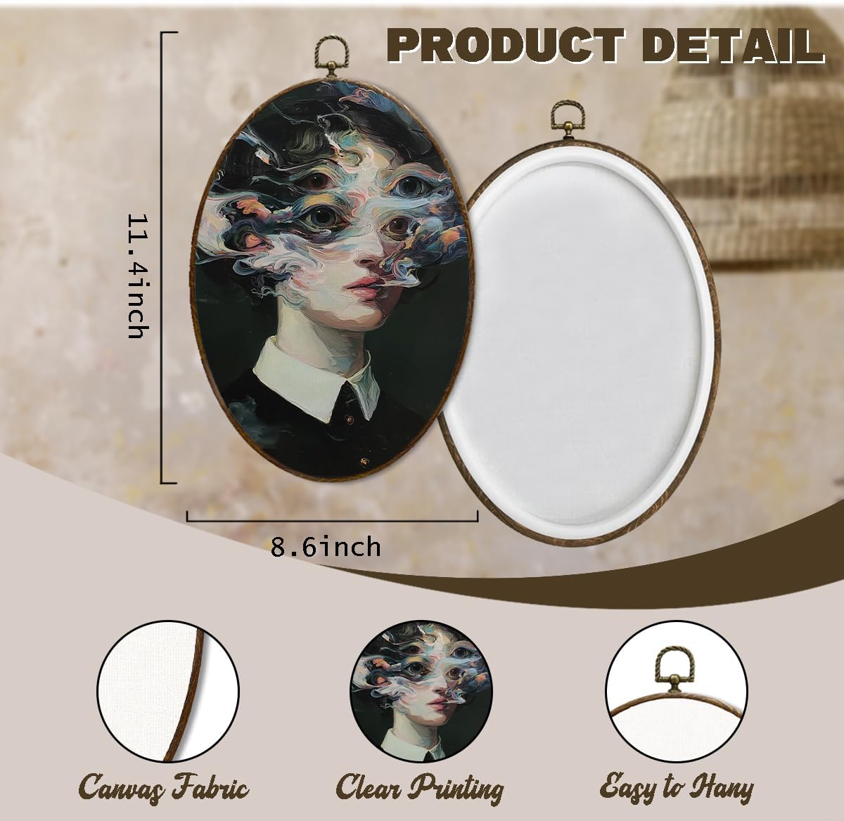 LMMHIOPI Dark Feminine Surreal Portrait Wall Art, Gothic Dark Academia Oval Canvas Wall Decor, Victorian Woman Trippy Painting, Moody Vintage Aesthetic Artwork for Bedroom Living Room, 8.5x11.5 Inch