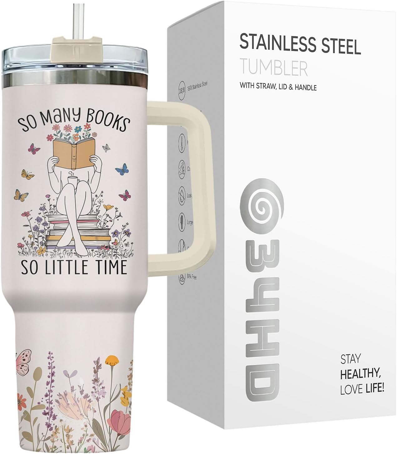 34HD Book Lover Tumbler 40oz with Handle and Straw, So Many Books So Little Time Girl Reading Vacuum Insulated Bookworm Mug, Bookish Gifts for Readers, Librarians & Booknerds