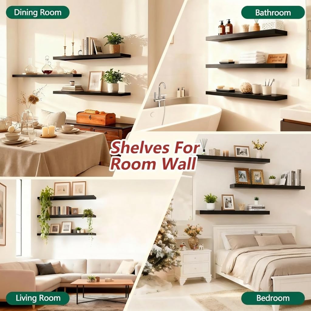 ROGMARS Black Floating Shelves for Wall,36 inch Rustic Wooden Floating Wall Mounted Book Shelves with Invisible Brackets for Living Room, Bedroom, Kitchen, Bathroom,Set of 3
